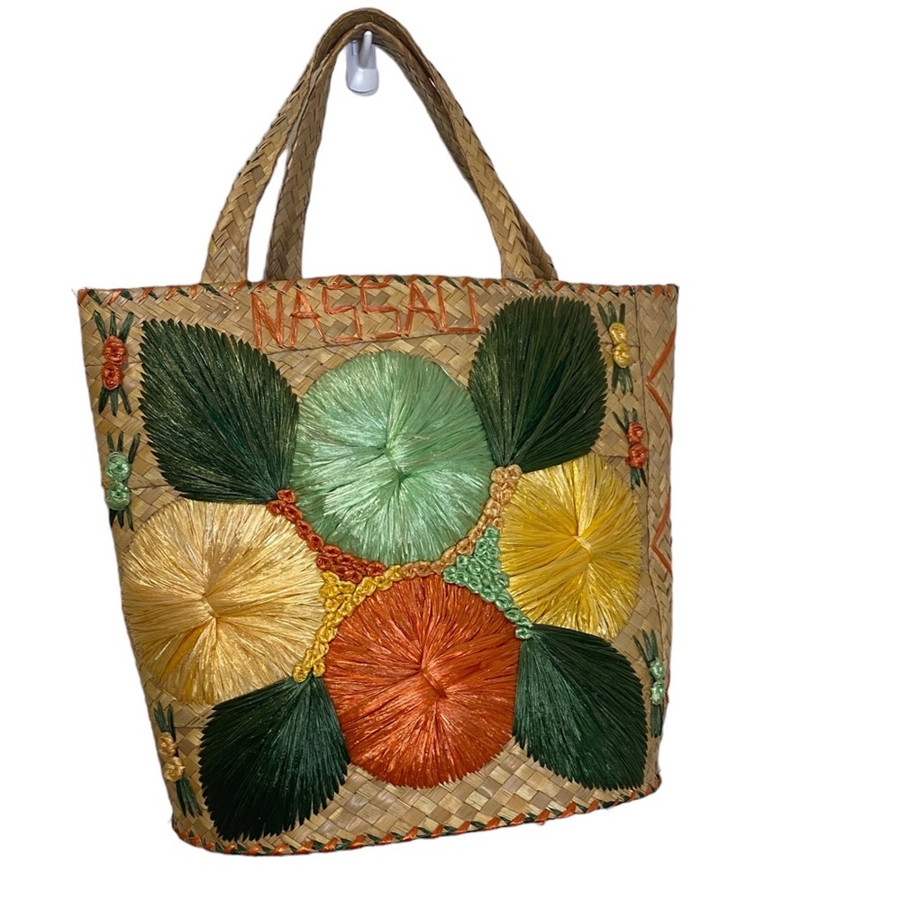 Vintage Nassau Bahamas 60's Woven Straw Bright Floral Tote Purse Bag